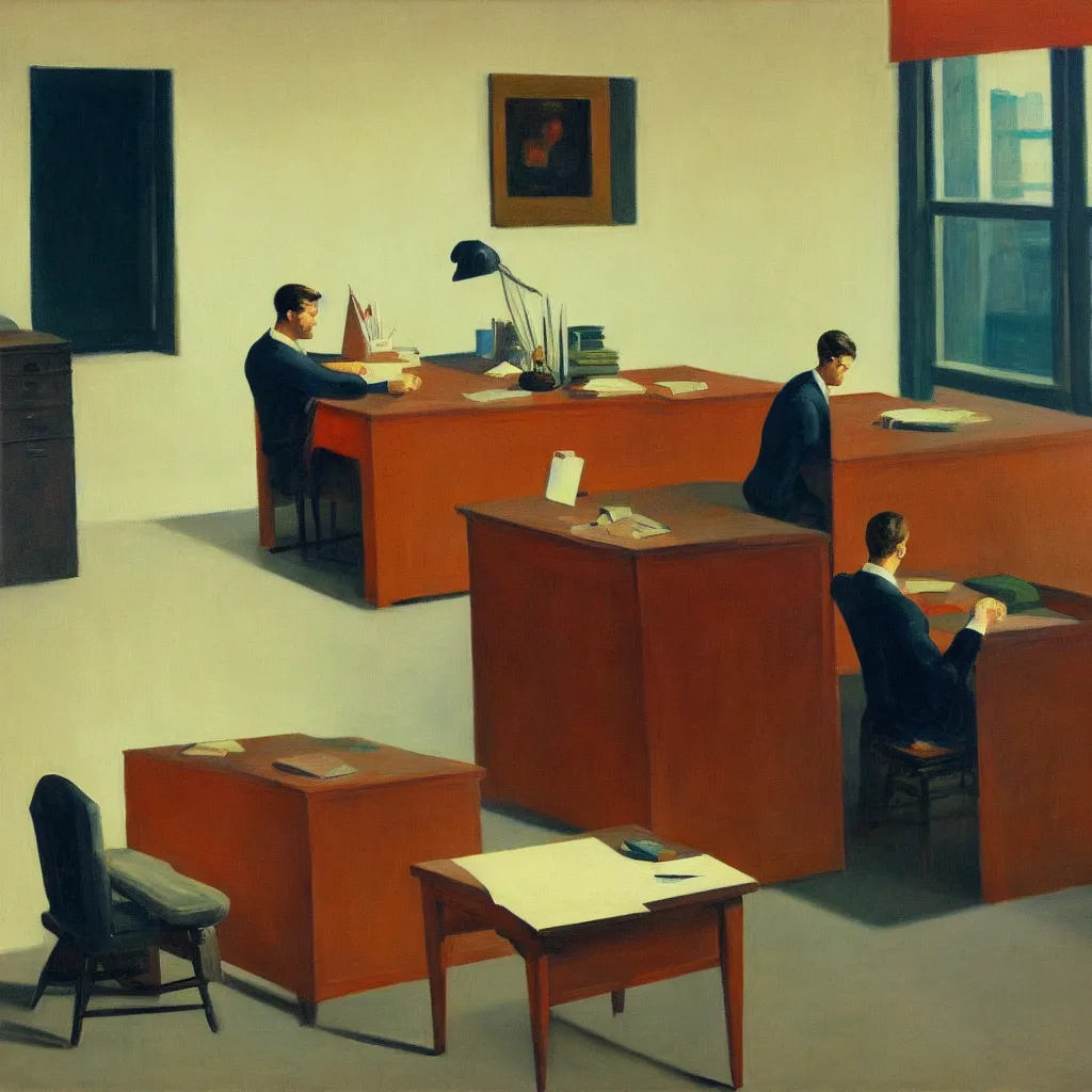 Prompt: painting of a man, sitting at his desk alone, in a huge office, in the style of edward hopper