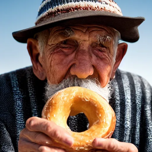 Prompt: an elderly man wearing a hat made from doughnuts, bold natural colors, national geographic photography, masterpiece, 8 k, raw, unedited, symmetrical balance