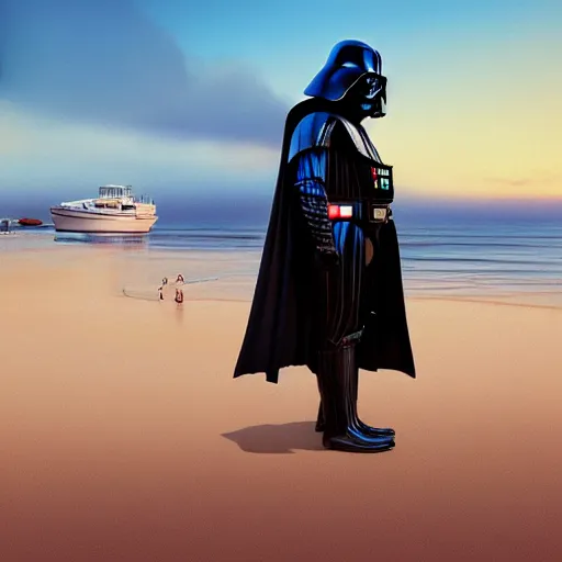 Image similar to beautiful serene intricate portrait of darth vader and darth vader taking a selfie, relaxing on the beach, golden hour, soft focus, 8 k, art by irakli nadar, hyperrealism, hyperdetailed, ultra realistic