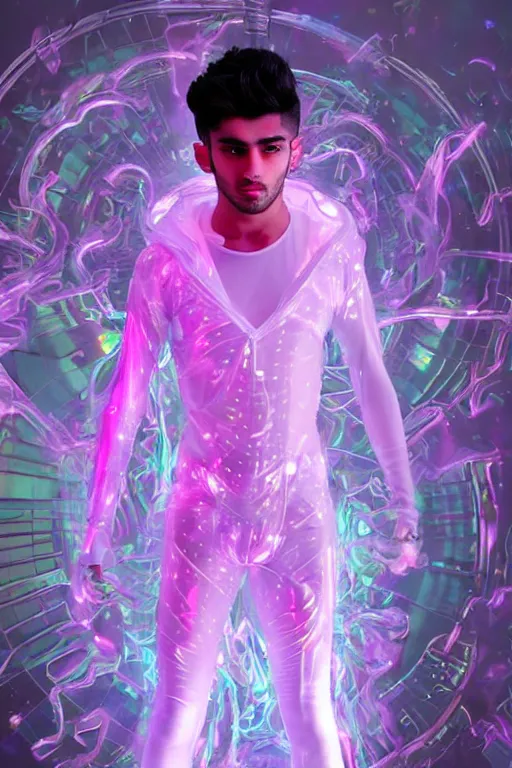 Image similar to full-body rococo and cyberpunk delicate crystalline sculpture of attractive muscular iridescent Zayn Malik as a humanoid deity wearing a thin see-through plastic hooded cloak sim roupa, posing like a superhero, glowing pink face, crown of white lasers, large diamonds, swirling black silk fabric. futuristic elements. oozing glowing liquid, full-length view. space robots. human skulls. throne made of bones, intricate artwork by caravaggio. Trending on artstation, octane render, cinematic lighting from the right, hyper realism, octane render, 8k, depth of field, 3D