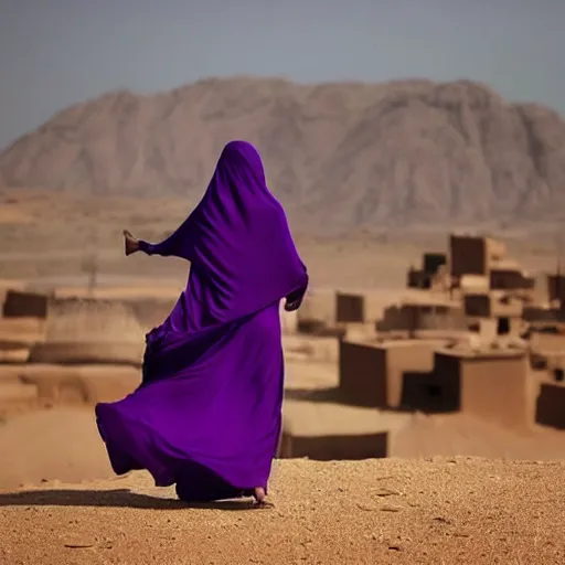 Image similar to low shot photo of feminine and lean arab woman wearing a long purple dress, wearing burqa, strutting, with najdi mud houses in the background, in the style of annie leibovitz amd steve meiele