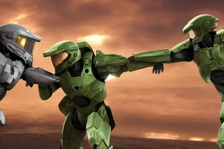 Image similar to a photo of master chief and squidward fighting each other, photorealistic, hd, 8 k