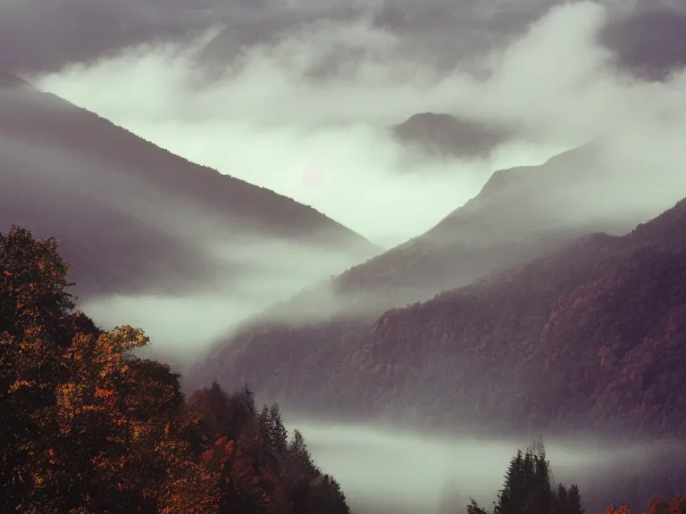 Image similar to 35mm film still magic morning light over mountains, autum, mist in valley, tropical forest, moody, by Alex grey