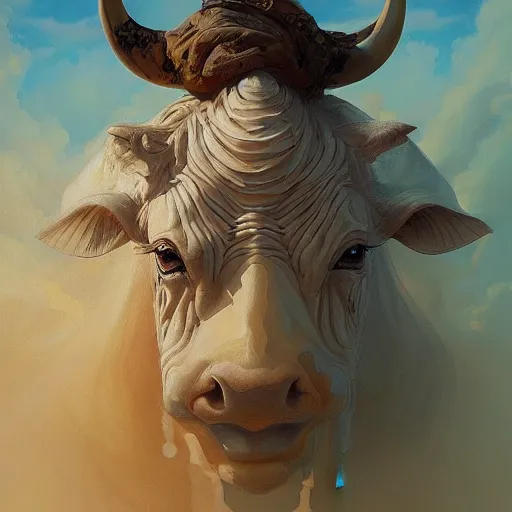 Image similar to sacred cow, acanthus scroll, ceremonial clouds, dripping paint, fibonacci rhythm, artstation, art germ, wlop, karol bak, christopher balaskas, ross tran