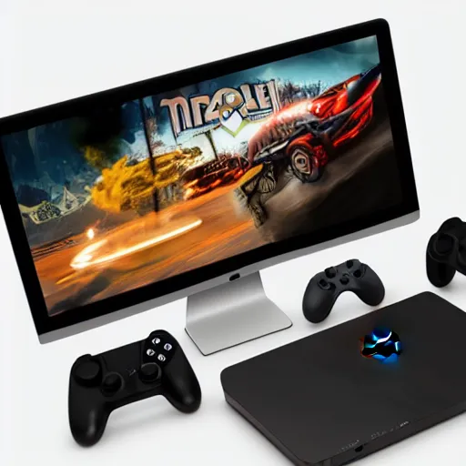 Image similar to if apple designed a game console, product photo, high octane, 4 k