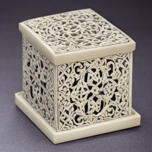 Prompt: arabesque carved ivory box, studio photography, black background