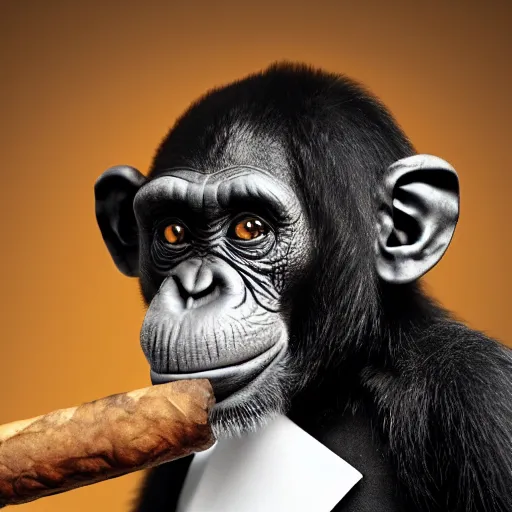 Image similar to a high detail closeup shot of a chimp wearing a suit and smoking a cigar