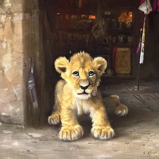 Prompt: adorable lion cub inside of a medieval fantasy pet store, oil painting, by greg rutkowski