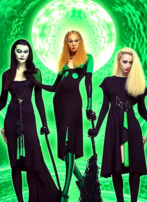 Image similar to futuristic coven of witches led by a beautiful woman with blonde hair who wields green magic