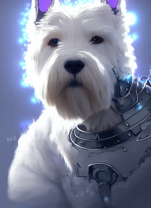 Image similar to a west highland white terrier, anime art style, wearing futuristic, led - lit armor, and a cannon mounted on his back, portrait, high detail, sharp focus, digital painting, artstation, concept art, art by hayao miyazaki and artgerm and greg rutkowski and alphonse mucha.