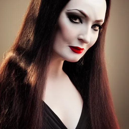 Image similar to dslr portrait photo of morticia addams, f 2. 8, iso 4 0 0,, 4 k, photorealistic, cinematic, masterpiece,