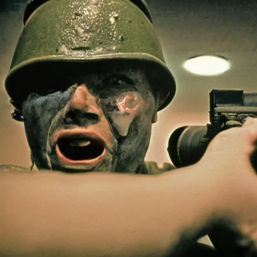 Image similar to a high quality color creepy atmospheric dimly lit extreme closeup film 3 5 mm depth of field photograph of a man wearing army fatigues, face dripping with sweat, holding a machinegun nervously pointing it in front of him getting ready to shoot, in a secret military bunker in antarctica in 1 9 8 2