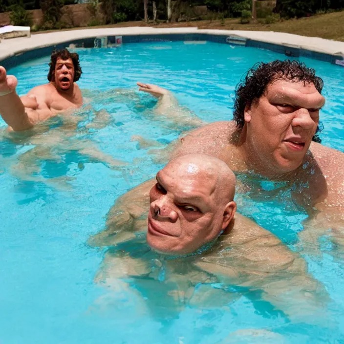 Prompt: cyborg andre the giant wearing a sequin speedo and jumping in the pool with a goat from the movie bill & ted's excellent pool party, movie still, 8 k, realistic