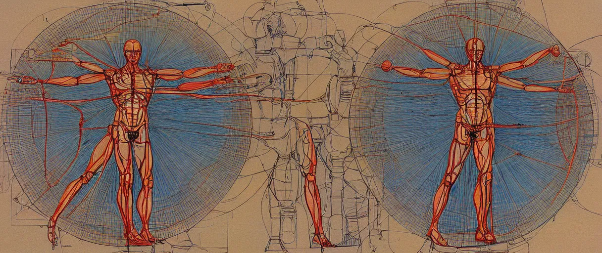 Image similar to a brilliantly colored painting of an exploded diagram of a detailed engineering schematic of a robot in the pose vitruvian man in the style of jean giraud