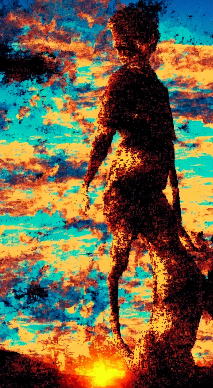 Image similar to pixel sorting in the style of ralph steadman, gearlord digital celluar automata, vivid dusk sunlight, color film grain, ultra realistic