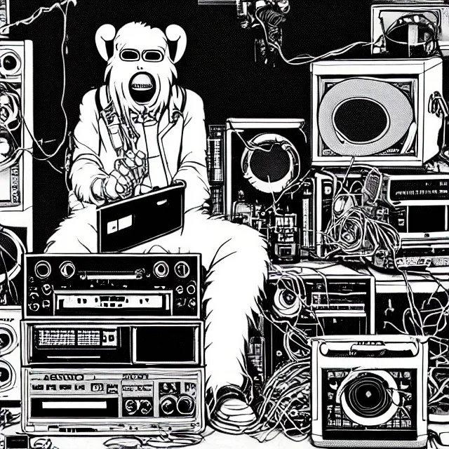 Image similar to a portrait of an anthropomorphic cyberpunk yeti podcasting while working in his secret electronics lab, detailed render, tape deck, microphone, boombox, headphones, epic composition, cybernetics, 4 k realistic, cryengine, realistic shaded lighting, sharp focus, masterpiece, by matteo scalera, gary montalbano, peter elson in the style of the tokyo ghost comic