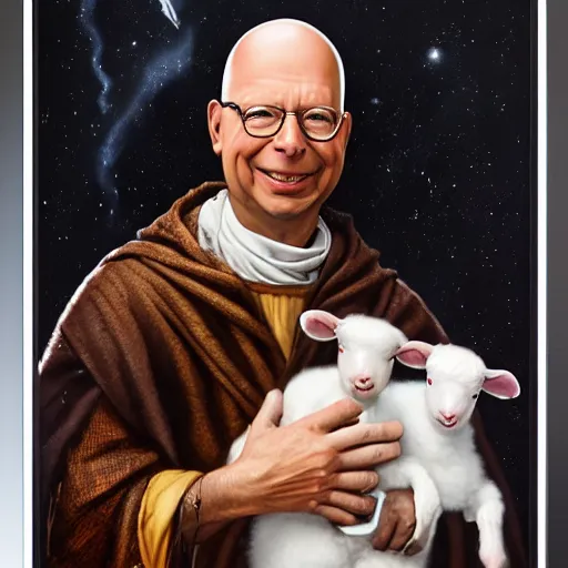 Image similar to a detailed fantasy character painting of Klaus Schwab holding an Android robot lamb dressed like Jesus Christ, by lauri blank, artgerm, evelyn de morgan, 8K, 50mm lens