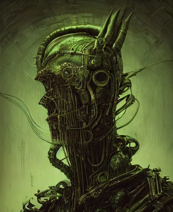 Image similar to a portrait of an evil green steampunk dark lord, by hr giger and beksinski and stephan martiniere, 4 k resolution, detailed, 3 d render, unreal engine, octane render, trending on artstation