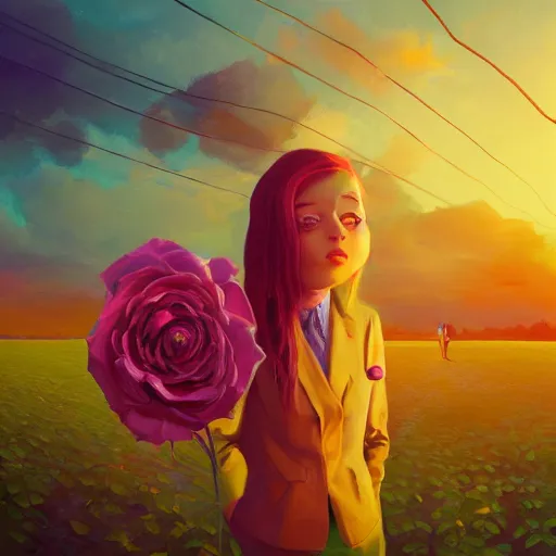 Prompt: closeup, huge rose flower as a head, frontal, a girl in a suit, surreal photography, sunrise, dramatic light, impressionist painting, digital painting, artstation, simon stalenhag