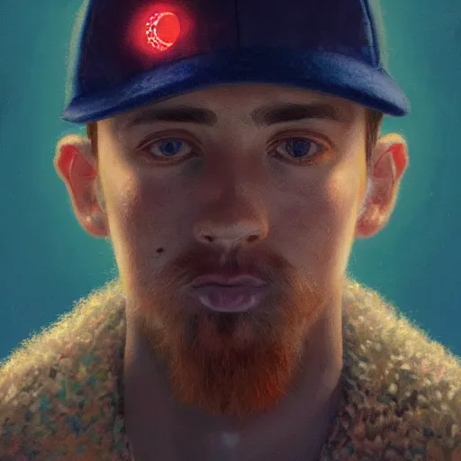 Image similar to portrait of tyler the crestor with baseball hat, staring directly into camera, intricate, elegant, glowing lights, highly detailed, digital painting, artstation, sharp focus, illustration, art by wlop, mars ravelo and greg rutkowski