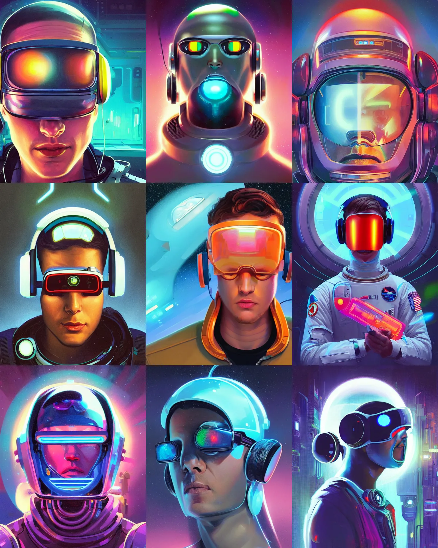 Prompt: future gamer man looking on, sleek cyclops display over eyes and sleek bright headphoneset, neon accent lights, holographic colors, desaturated headshot portrait digital painting by dean cornwall, rhads, john berkey, tom whalen, alex grey, alphonse mucha, donoto giancola, astronaut cyberpunk electric