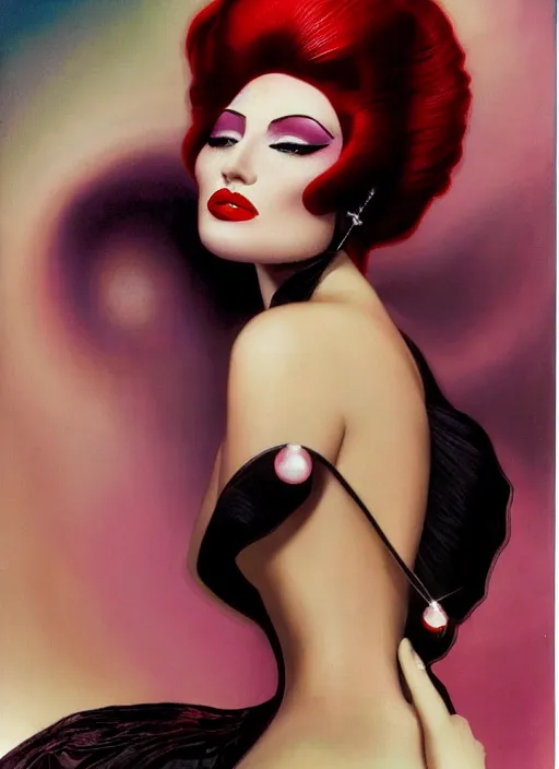 Image similar to an 8 0 s portrait of a woman with dark eye - shadow and red lips with dark slicked back hair dreaming acid - fueled hallucinations by serge lutens, rolf armstrong, delphin enjolras, peter elson