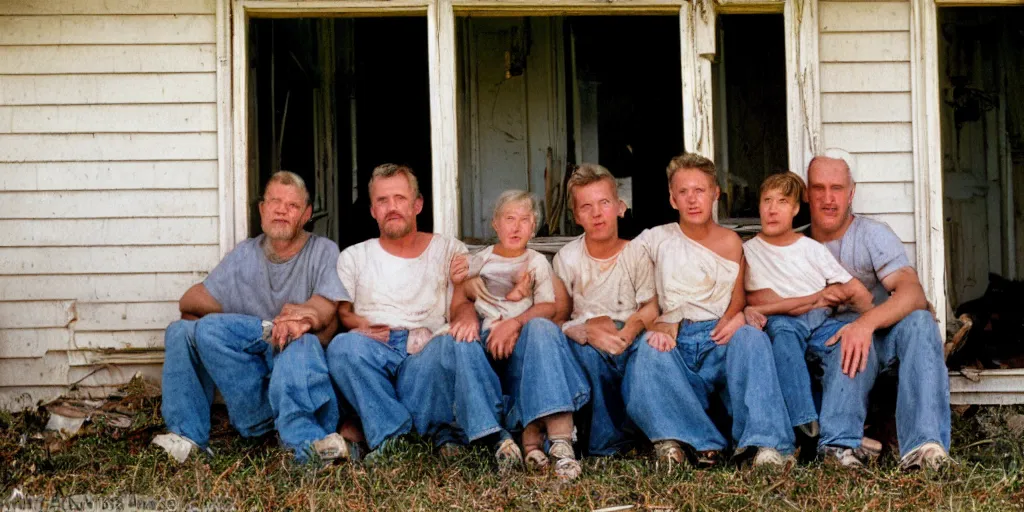 Image similar to close up portrait of white redneck family sitting on front porch of dilapidated house, kodak gold 2 0 0,