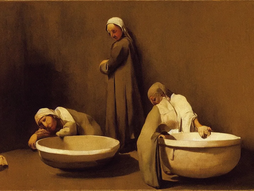 Image similar to Woman sleeping in a house ablaze. Basin full of water nearby. Painting by Zurbaran.