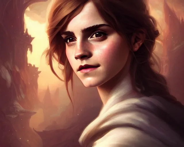 Image similar to photography of emma watson, deep focus, d & d, fantasy, intricate, elegant, highly detailed, digital painting, artstation, concept art, matte, sharp focus, illustration, hearthstone, art by artgerm and greg rutkowski and alphonse mucha