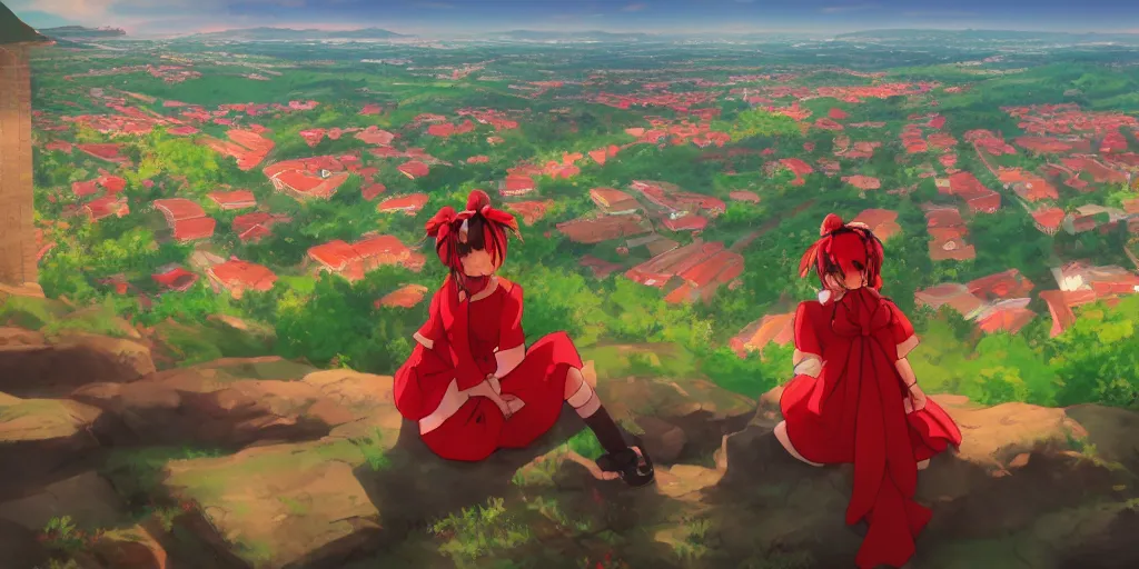 Image similar to reimu sitting on a hill off to the side looking down upon danish town, during dawn, cinematic, very warm colors, intense shadows, anime illustration, anime screenshot composite background