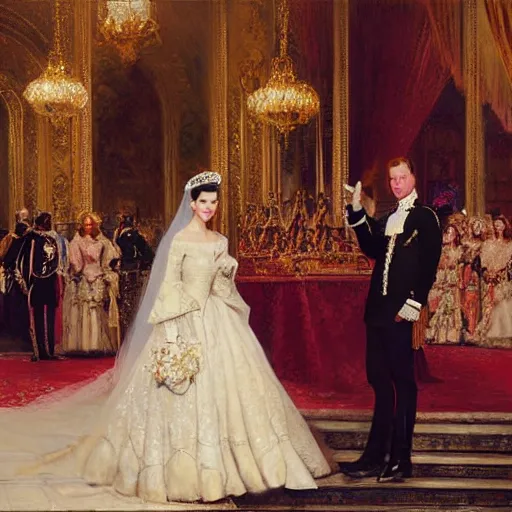 Image similar to the official painting of prince william and bella hadid's royal wedding, showing the skill of artists gaston bussiere, craig mullins, j. c. leyendecker 8 k, watercolor, royal painting, painting, traditional art, royal wedding