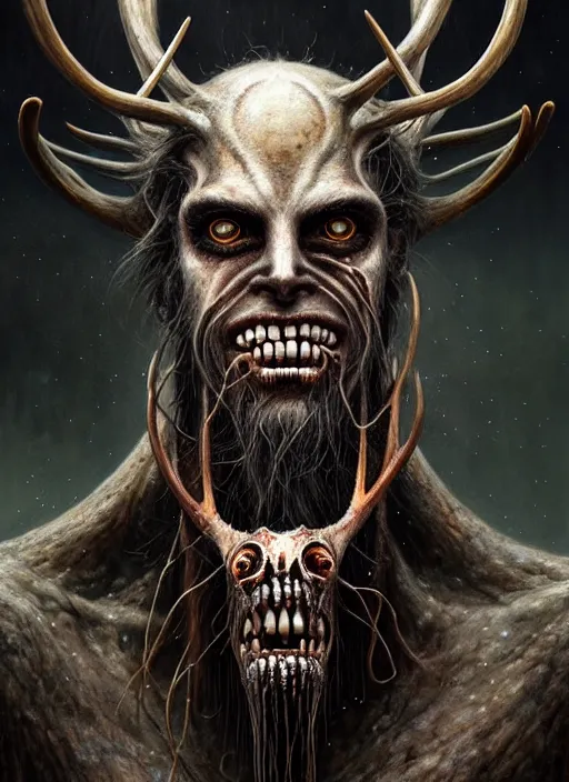 Image similar to closeup portrait shot of a wendigo in a scenic dystopian environment, intricate, elegant, highly detailed, centered, digital painting, artstation, concept art, smooth, sharp focus, illustration, artgerm, tomasz alen kopera, peter mohrbacher, donato giancola, joseph christian leyendecker, wlop, boris vallejo