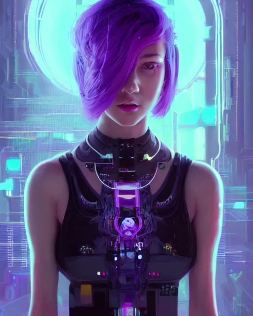 Image similar to portrait of a aesthetic beatiful woman with violet hair as a cyberpunk cyborg, sci - fi, missing panels, intricate abstract upper body intricate artwork, full body, by tooth wu, wlop, beeple, dan mumford. concept art, octane render, deviantart, greg rutkowski, cinematic, key art, hyperrealism, iridescent accents