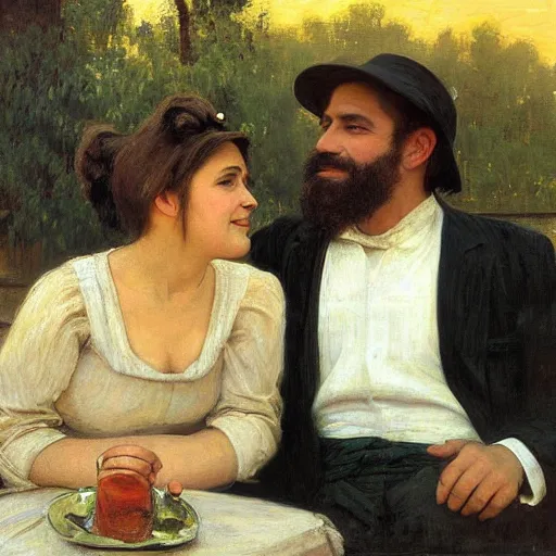 Prompt: portrait of chebacca an a happy young italian couple with black hair and green eyes sit together outside a busy parisian cafe at sunset painted by emile friant