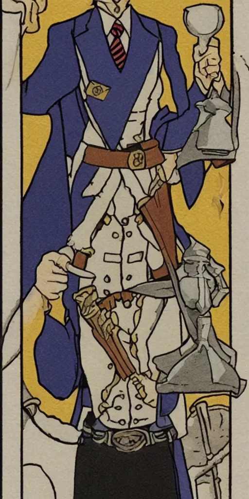 Image similar to the judge from Ace Attorney with a scale in one hand. Tarot card Justice