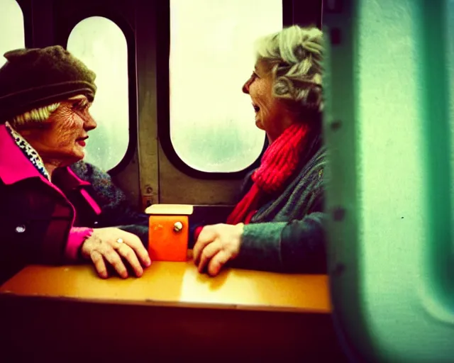 Image similar to a lomography photo of rumble between two grandmoms in soviet train this morning, bokeh,