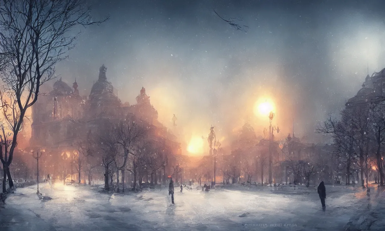 Image similar to a concept of Bucharest in winter in the style of Charlie Bowater, Charlie Bowater , sunset