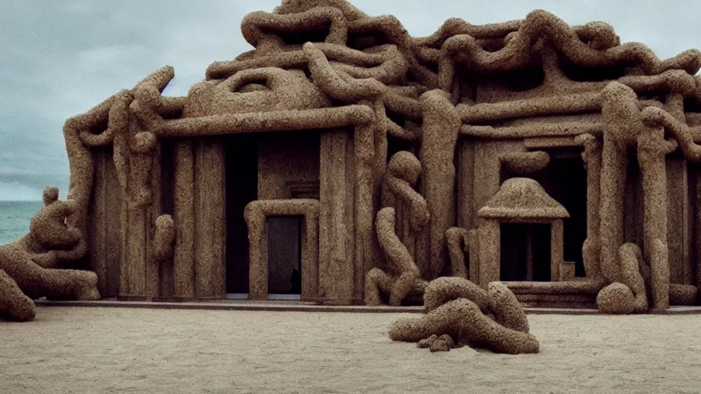 Image similar to the strange temple on the beach, they walk inside, film still from the movie directed by denis villeneuve and david cronenberg with art direction by salvador dali, wide lens