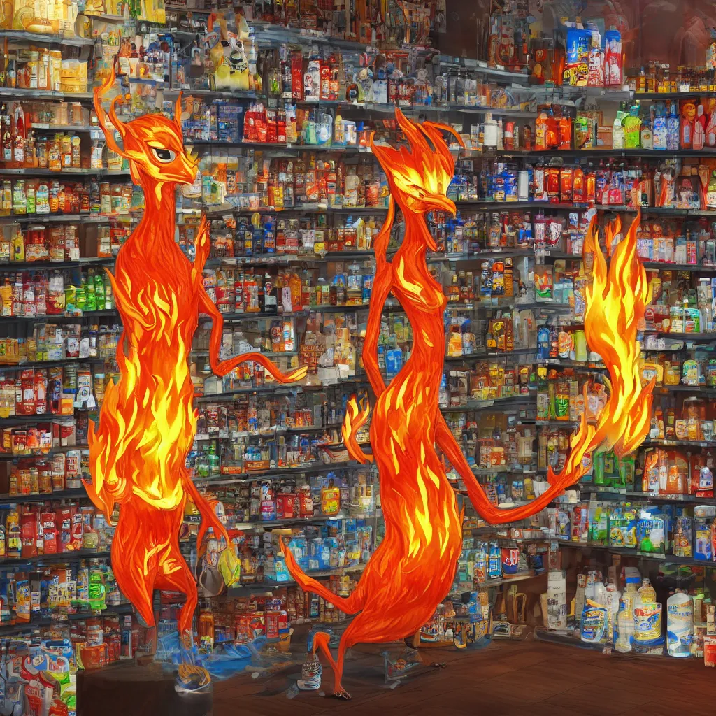 Prompt: an anthropomorphic flame spirit in a store contemplating which brand of water to buy while shopping, 4k digital art, highly detailed