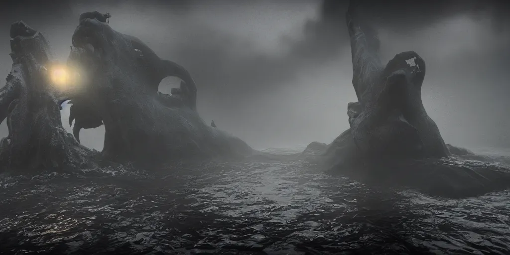 Image similar to the shadow over innsmouth, mutant fish, grand imposing powerful sculpture. swirls of mist. occult photorealism, uhd, amazing depth, volumetric lighting, cinematic lighting. epic landscape.