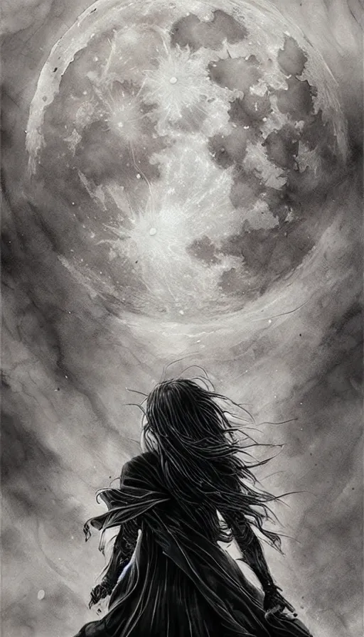 Image similar to book cover art, female dark witch from behind in front of the full big moon, watercolor, dramatic lighting, cinematic, establishing shot, extremely high detail, foto realistic, cinematic lighting, pen and ink, intricate line drawings, by Yoshitaka Amano, Ruan Jia, Kentaro Miura, Artgerm, post processed, concept art, artstation, matte painting, style by eddie mendoza, raphael lacoste, alex ross