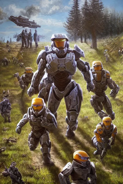 Prompt: easter egg hunt with master chief from halo and kids, picking up easter eggs, egg in hand, oil on canvas, intricate, portrait, 8 k highly professionally detailed, hdr, cgsociety