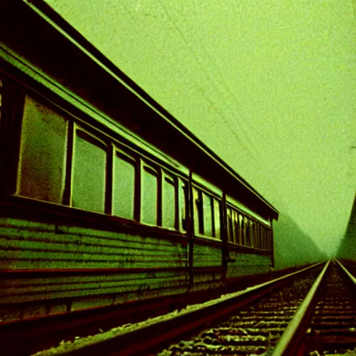 Image similar to the disembodied spirit of a dangerous railroad demon, Boxcar on the railroad, atmospheric and depressed, Cinematic, 35mm, film still from a horror movie