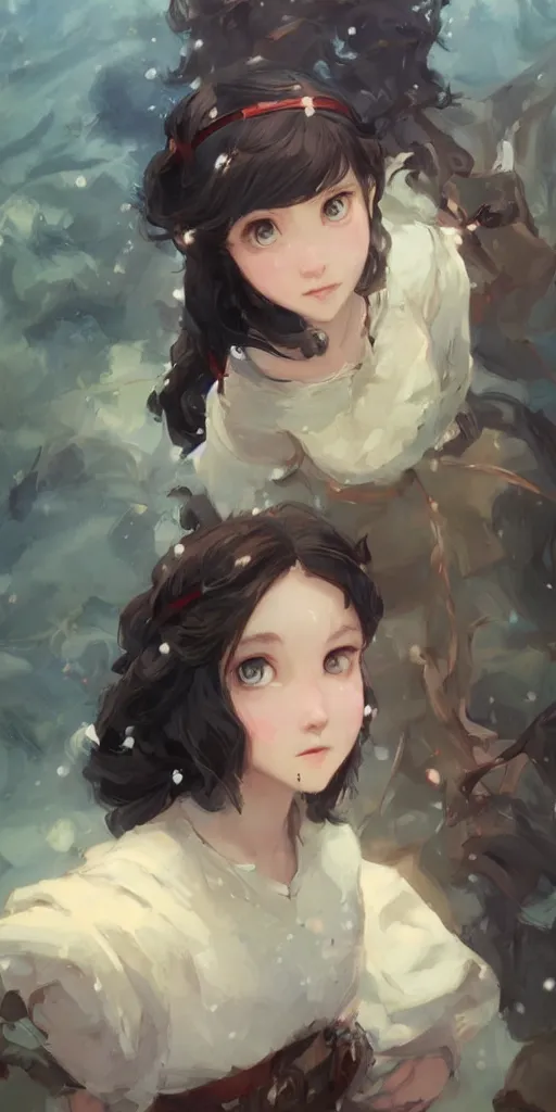 Image similar to still from snow white if made by krenz cushart and wenjun lin, portrait, illustration, rim light, top light, summer clear blue sky, perfectly shaded, soft painting, epic, intricate, art