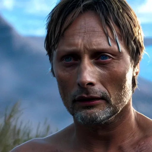 Prompt: Mads Mikkelsen as na'vi, mountains, close up, sharp focus