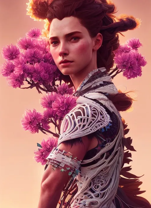 Image similar to symmetry!! portrait of floral! horizon zero dawn machine, intricate, elegant, highly detailed, digital painting, artstation, concept art, smooth, sharp focus, illustration, art by artgerm and greg rutkowski and alphonse mucha, 8 k