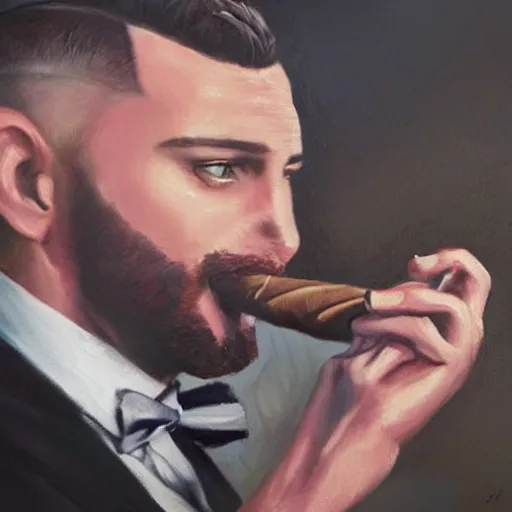 Prompt: a close - up canvas painting of a realistic gangster irish man with a fade haircut, lighting a cigar, wearing a suit, bowtie, and ring, highly detailed