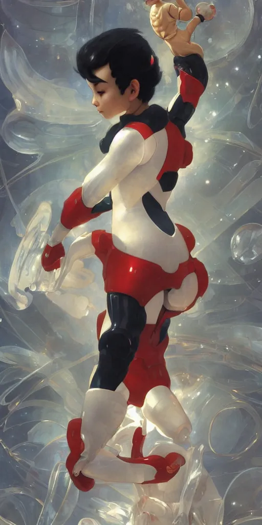 Prompt: astroboy the boy robot with half of his body made of transparent material, intricate, elegant, highly detailed, digital painting, artstation, concept art, smooth, sharp focus, illustration, art by artgerm and greg rutkowski and alphonse mucha and william - adolphe bouguereau