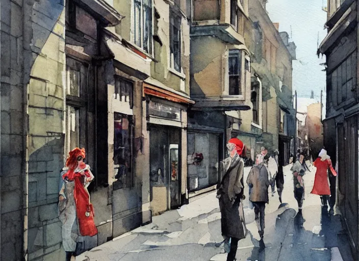 Image similar to concept art of street england city, pinterest, artstation trending, behance, watercolor, by coby whitmore *, silver, laser light *,