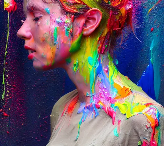 Image similar to still shot footage of a portrait of a female angel's head morphs into acrylic pour and coloured powder explosion and splashing paint and dripping paint and flying paint chunks, closing eyes, motion blur, hyperrealistic, medical, intricate art photography, hyperrealistic, anatomically correct, realistic crisp textures, 1 6 k